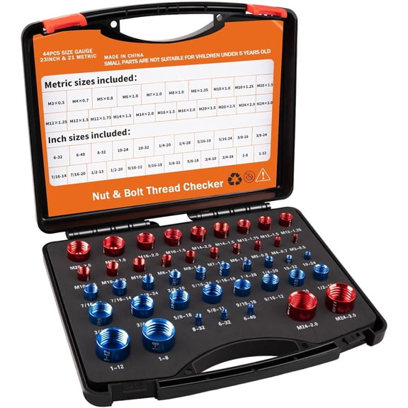44PCS Nut and Bolt Thread Checker Set, Inch & Metric Thread Gauge Tool with Storage Case