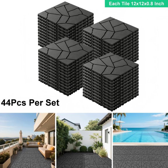 44Pcs 12 Inch Stone Pattern Interlocking Patio Deck Tiles, Waterproof PP Modular Outdoor Indoor Flooring Mats for Balcony, Poolside, Backyard & Porch