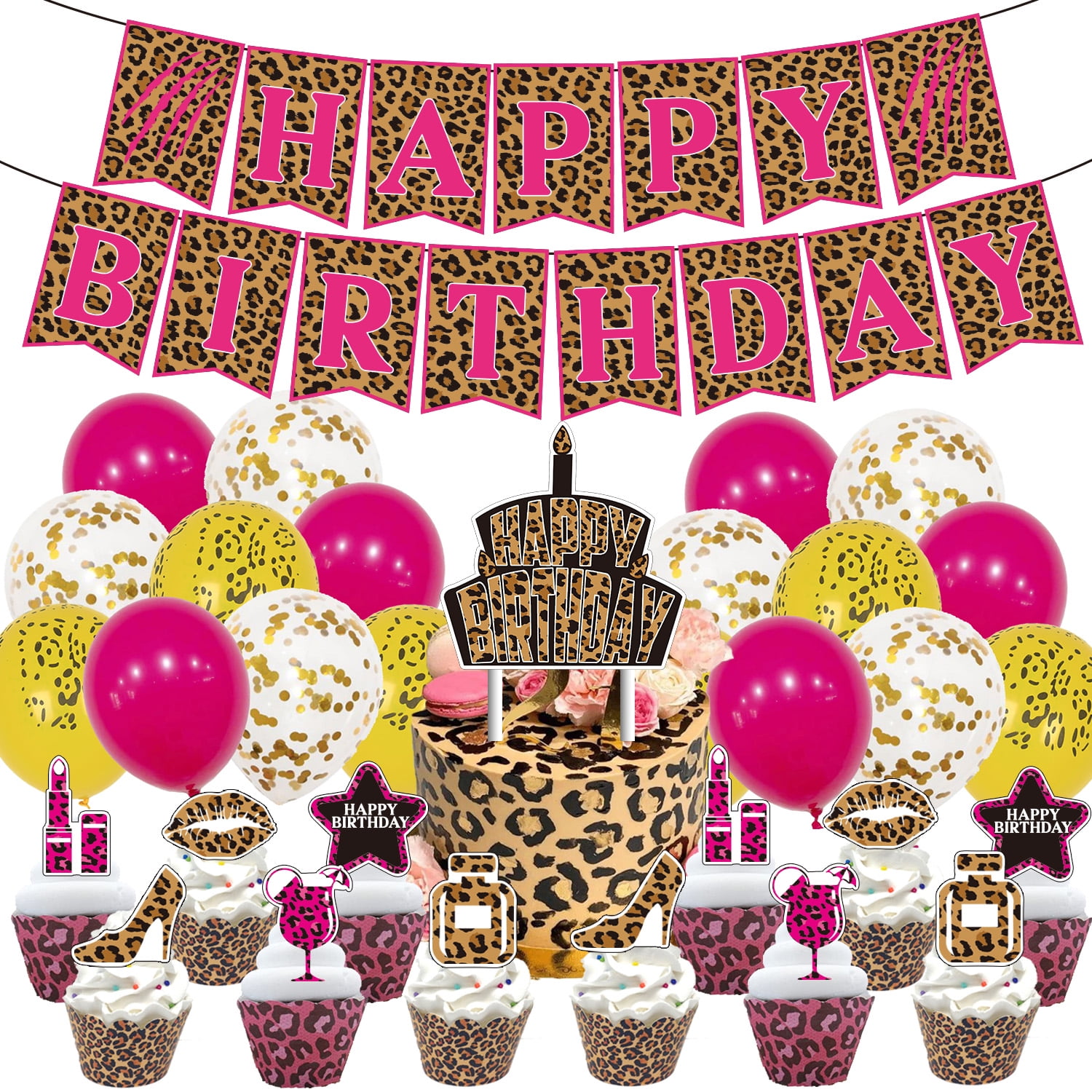 44Pcs Cheetah Birthday Decoration for Girls, Pink Leopard Print Happy Birthday Banner, Cheetah Printed Cake Topper ,Balloon, Jungle Safari Animal Themed Party Supplies
