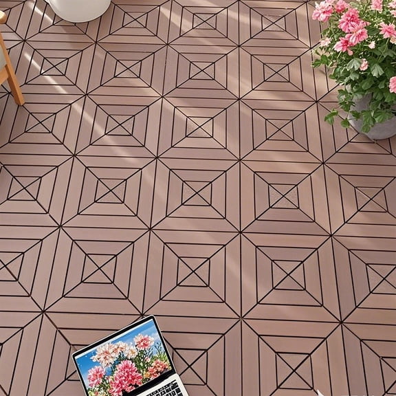 44Pcs Diagonal Stripe Patio Deck Tiles, 12 x 12in, Waterproof Interlocking Floor Tiles for Porch, Poolside, Balcony, Backyard, Red Brown