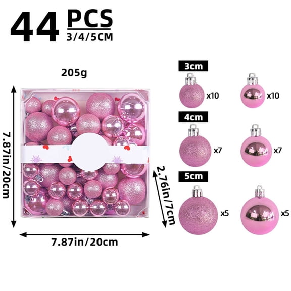 44Pcs Electroplated Christmas Ornament Balls, 1.18-1.97 Inch Shatterproof Plastic Decor Set for Tree Home Party (0.45lb) Pink