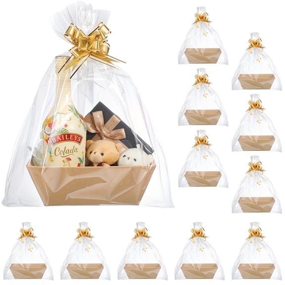 44Pcs Gift Basket Wrapping Set, Gift Baskets Empty With 12 Paper Tray Containers, 12 Clear Cellophane Bags for Gift Baskets and 20 Pull Bow Ribbons, Kraft Brown Packaging Kit for Party, Gifting
