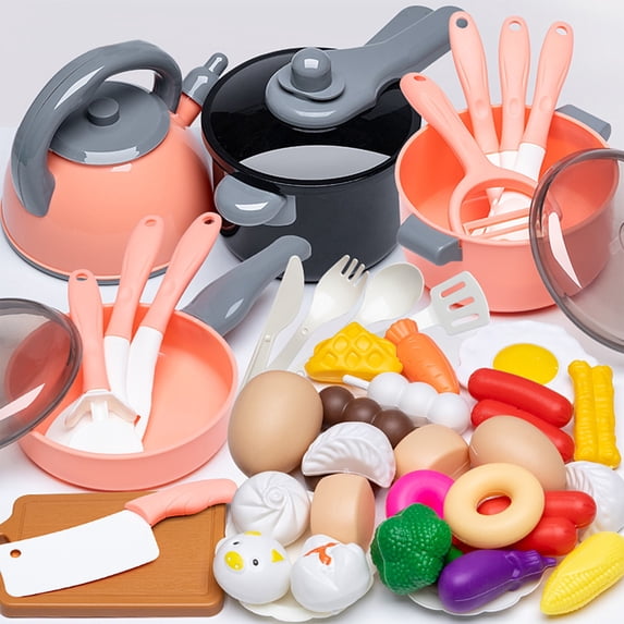 44Pcs Kitchen Playset, Toddler Pretend Cooking Play Pots, Pans, Utensils Cookware, Daily Food Fruit Veges, Shopping Storage Basket, Dessert, Prop Money, Learning Gift for Child