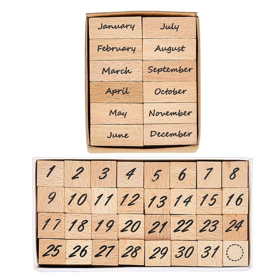 44Pcs Month Wooden Rubber Stamps Set 0~31 Numbers Decorative Retro Stamp Set