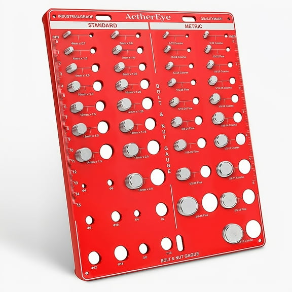 44Pcs Nut And Bolt Thread Checker Board, Thread Finder, Red Metal Tool With 19 Standard, 15 Metric Sizes, 8 Drill Bit Gauges & 6" Ruler, Fabrication Tools, Screw Size Identifier For DIY Enthusiasts