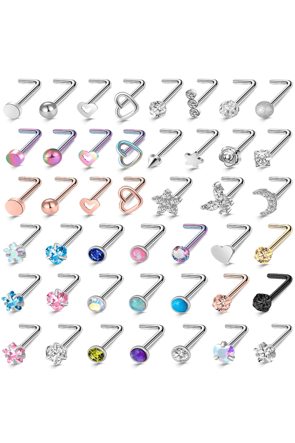 44Pcs/Set 20g Mix Color Cubic Zircon Nose Ring Piercing Various Shapes Crystal Nostril Piercing Nose Bone/L Shaped/Nose Screws Nose Stud Piercing