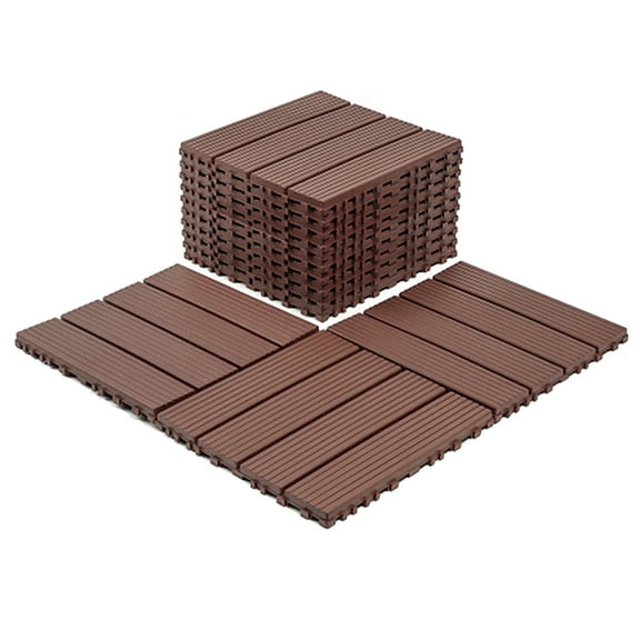 Kosynda 44Pcs Stripe Style Patio Deck Tiles, 12 x 12in, Waterproof Interlocking Floor Tiles for Porch, Poolside, Balcony, Backyard, Red Brown