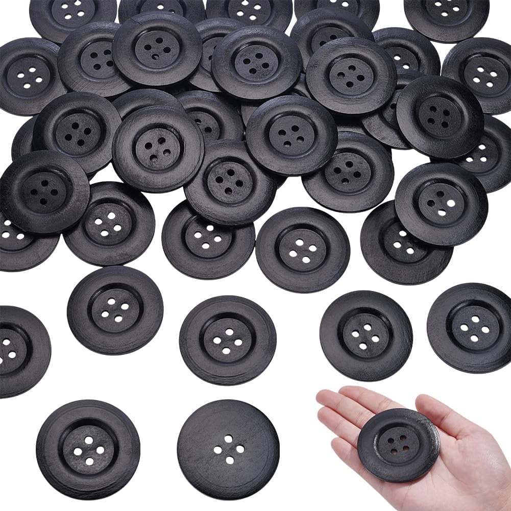 44Pcs Wood Buttons 4-Hole Flat Round Black 60x5mm Hole: 5mm
