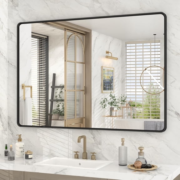 44X30 Inch Black Bathroom Mirror for Wall, Bathroom Vanity Frame Mirror, Matte Black Rectangle Mirror, Round Corner, Rustproof, Shatter-Proof (Horizontal/Vertical)