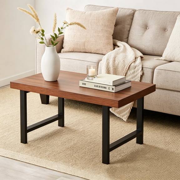 44in Modern Coffee Table Butcher Block Top Large Accent Table, Rectangular Wood Industrial Rustic Coffee Table for Living Room with 2" Metal Legs and 3" Tabletop, Brown