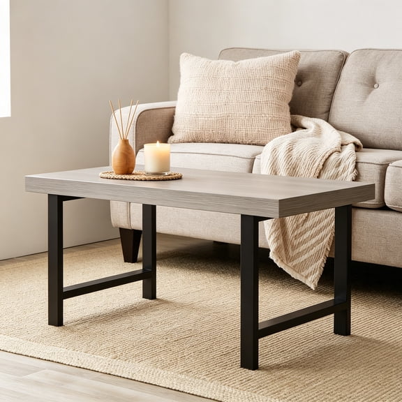 44in Modern Coffee Table Butcher Block Top Large Accent Table, Rectangular Wood Industrial Rustic Coffee Table for Living Room with 2" Metal Legs and 3" Tabletop, Gray