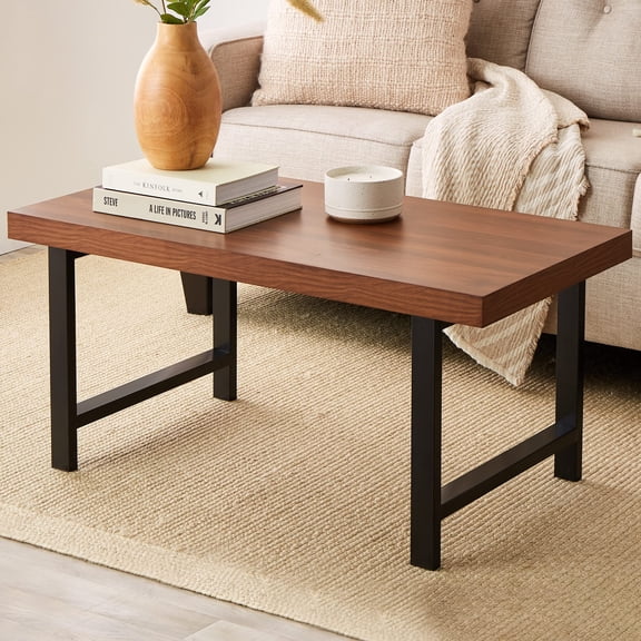44in Modern Coffee Table Butcher Block Top Large Accent Table, Rectangular Wood Industrial Rustic Coffee Table for Living Room w/ 2in Metal Legs, 3in Tabletop - Brown