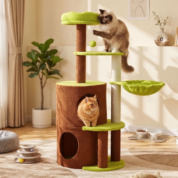 44in Multi-Level Cat Tree for Indoor Cats, with Scratching Posts, Condo, Hammock, Top Perch & Hanging Ball, Space-Saving for Small/Medium Cats