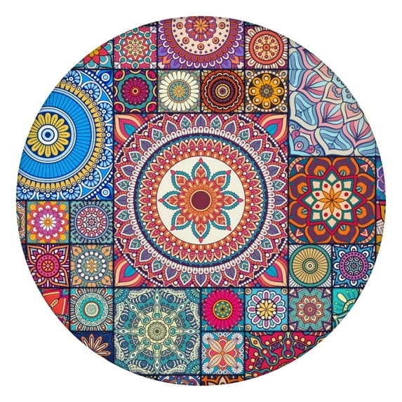 44in Round Tablecloth with Elastic Edge, Waterproof Fitted Table Cover for 36-44" Tables, Boho Theme Polyester Reusable Table Cloths Wipe Clean for Picnic, Dining, Outdoor Use and Party Decor