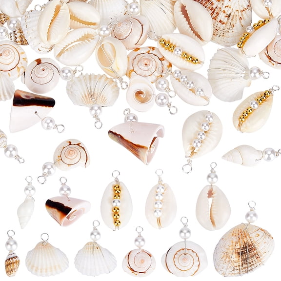 44pcs 11 Styles Natural Shell Pendants Beach Seashells Charms Cowrie Shell Charms Spiral Seashells Summer Seashell Pendants with Pearls