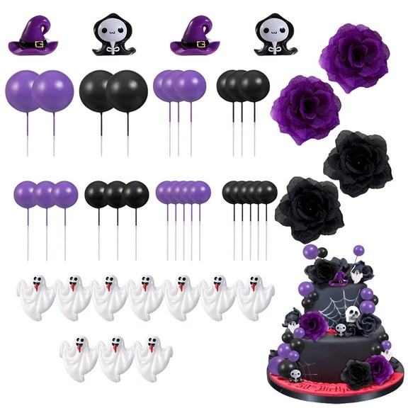 44pcs Halloween Flower Cake Topper Gothic Cake Decoration Rose Ghost Cake Topper Death Cake Decorations With Roses Ghost & Balloons For Party Birthday
