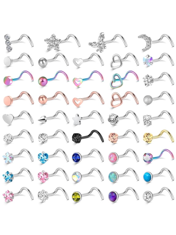 44pcs Hypoallergenic Nose Rings for Women Men, 20G Stainless Steel L Shaped/Corkscrew Nose Rings Studs, Nostril Piercing Jewelry