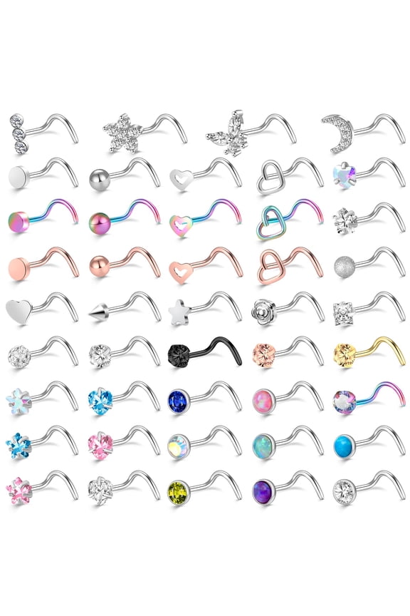 44pcs Hypoallergenic Nose Rings for Women Men, 20G Stainless Steel L Shaped/Corkscrew Nose Rings Studs, Nostril Piercing Jewelry