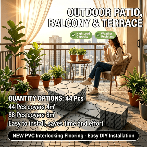 44pcs Plastic Interlocking Deck Tiles, 12"x12" Waterproof Patio Tiles for Indoor Outdoor Use, All-Weather Patio Floor Decking Tiles for Garden Lawn Porch Poolside Balcony