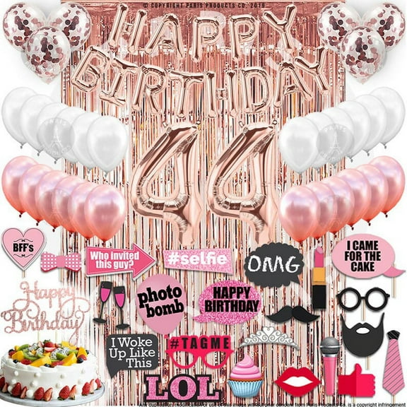 44th Birthday Decoration Rose Gold, 44 Party Supplies Decoration, 44th Sash, 44 Cake Topper, 44th Photo Props, confetti Balloons, Curtain