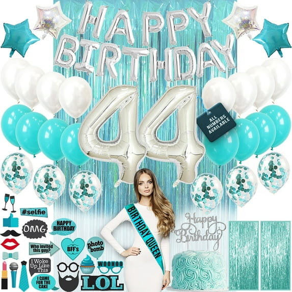44th Birthday Decorations, Birthday Party Supplies, 44th Birthday Banner, Teal Green Confetti Balloons, 44 Bday Cake Topper, Foil Curtains