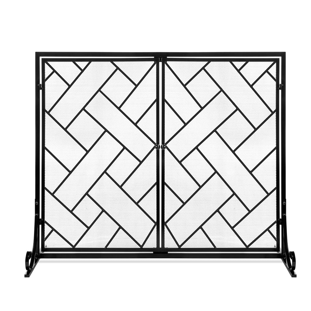 Black Wrought Iron Geometric Fireplace Screen with Magnetic Doors