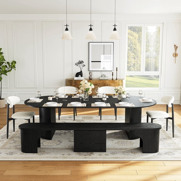45"-105" Extendable Dining Table Set for 4-8, Round Table with Adjustable Storage Bench, 4 Upholstered Chairs, Space-Saving Wooden Kitchen Table Set for Small Apartments