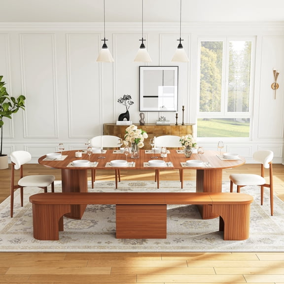 45"-105" Extendable Dining Table Set for 4-8, Round Table with Adjustable Storage Bench, 4 Upholstered Chairs, Space-Saving Wooden Kitchen Table Set for Small Apartments