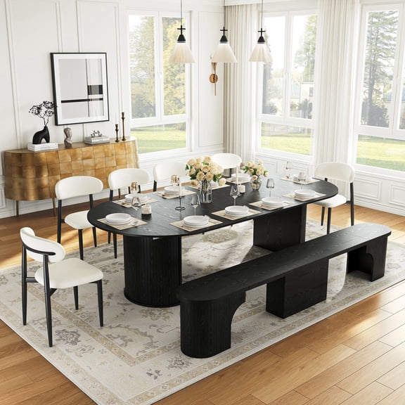 45"-105" Extendable Dining Table Set for 4-8, Round Table with Adjustable Storage Bench, 6 Upholstered Chairs, Space-Saving Wooden Kitchen Table Set for Small Apartments