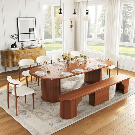 45"-105" Extendable Dining Table Set for 4-8, Round Table with Adjustable Storage Bench, 6 Upholstered Chairs, Space-Saving Wooden Kitchen Table Set for Small Apartments