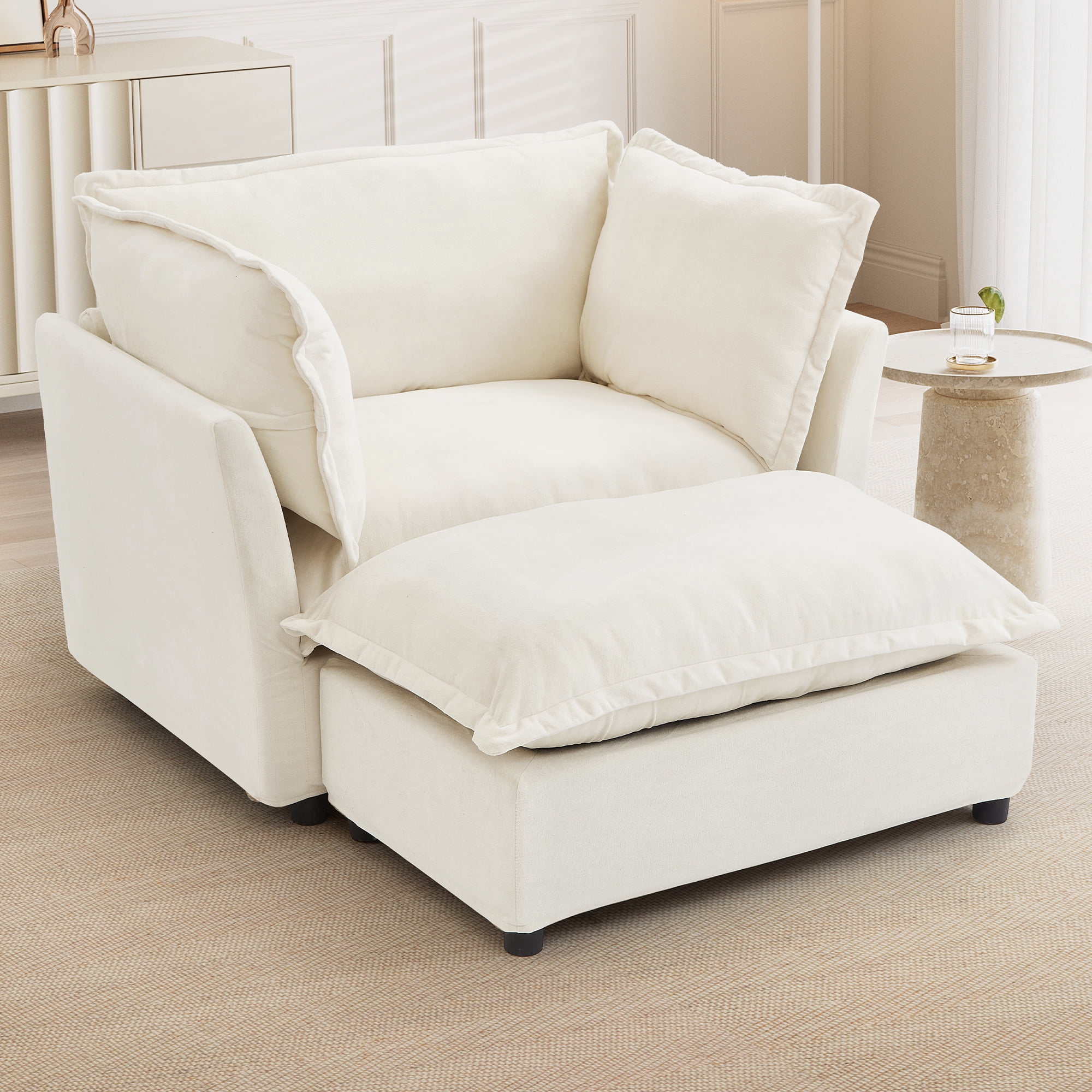 45.2" Armchair Sofa Cozy Upholstered Sofa Chair with Ottoman, 39" Wide Seat and 2 Pillows