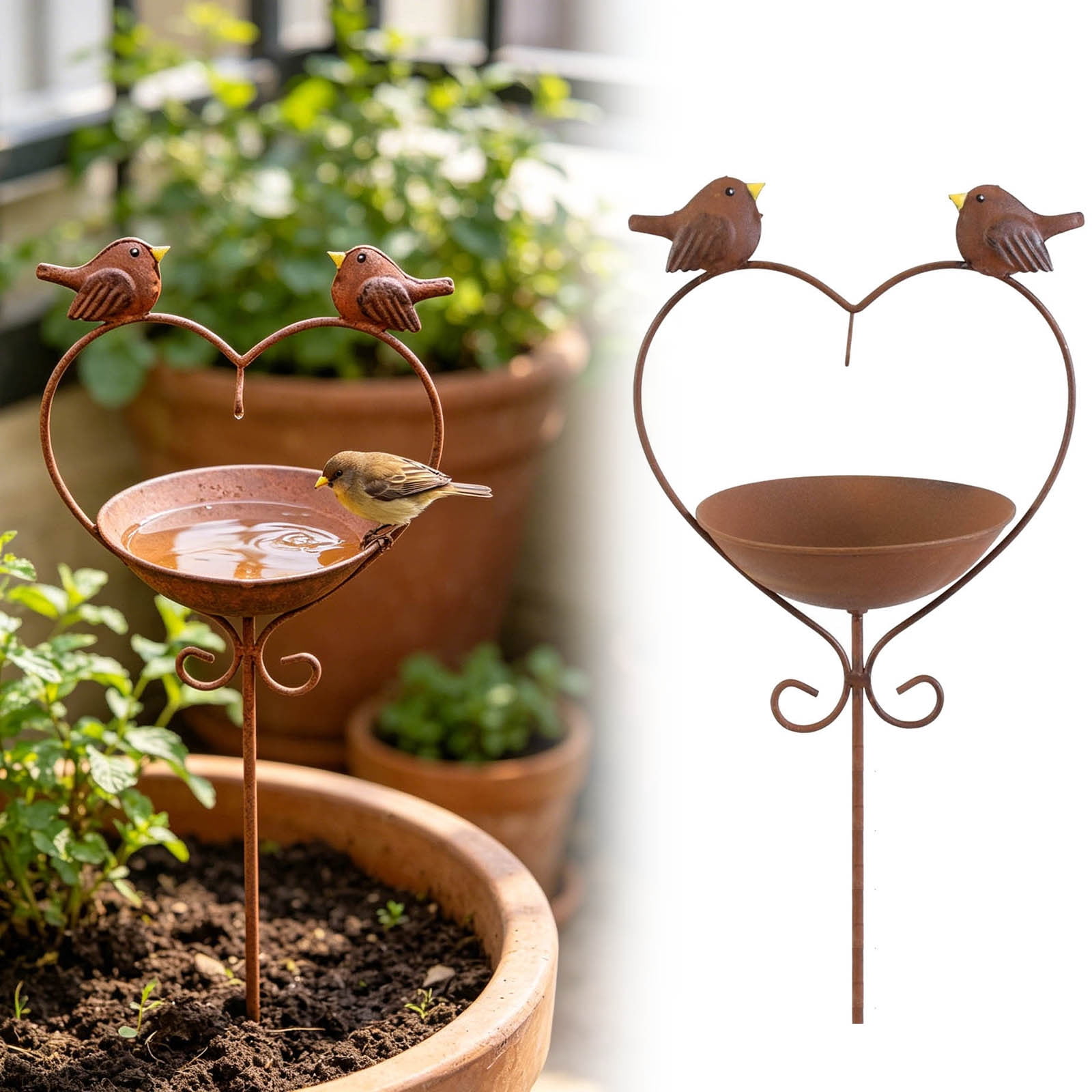 45.2 Inch Tall Bird Bath with Stake, Vintage Copper Heart Shape Bird Feeder Bird Bath for Outside Metal Freestanding Birdbath for Garden Yard Patio