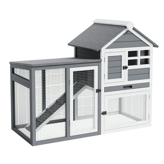 45" 2-Story Rabbit Hutch w/Waterproof Roof & Pull-Out Tray – All-Weather Bunny Cage w/Wooden Ramp for Guinea Pigs, Ferrets | Lockable Doors & Anti-Chew Metal (Fir Wood)
