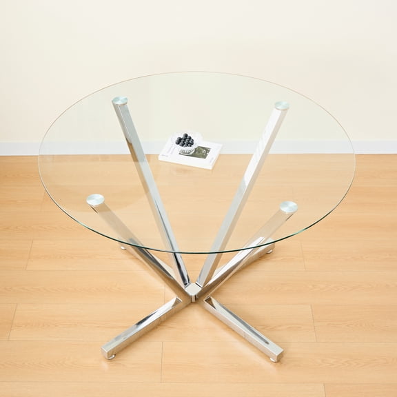 45.27"Round Dining Table,Tempered Glass Kitchen Tabe with Silver Chrome Plated Metal Legs,Modern Dining Room Table for for Kitchen, Living Room, Easy Assembly