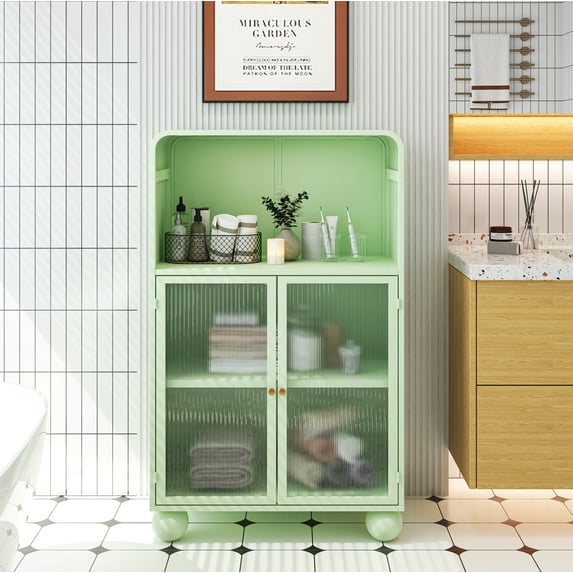 45.28" H Storage Cabinet, Bathroom Floor Cabinet with Glass Door and Shelves, Freestanding Display Storage Cabinet for Bathroom, Living Room, Kitchen, Home Office,Green