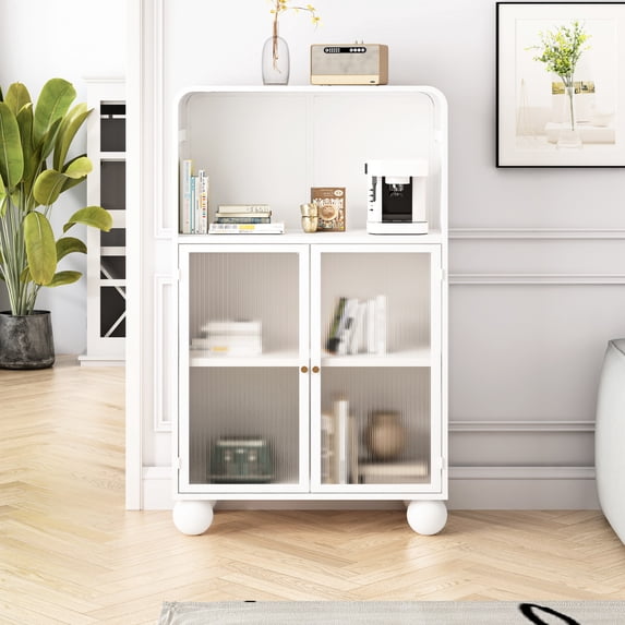 45.28" H White Glass Door Cabinet - Convenient Open Counter for Items - Bathroom, Home Office - Easy to Assemble