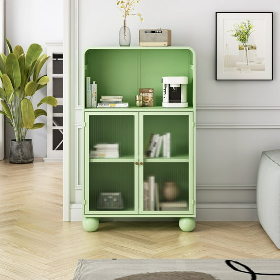 45.28 Inch Storage Cabinet with Open Shelf, Floor Cabinet with Glass Door and Shelves, Freestanding Display Storage Cabinet for Bathroom/Living Room/Kitchen/Home Office, Green