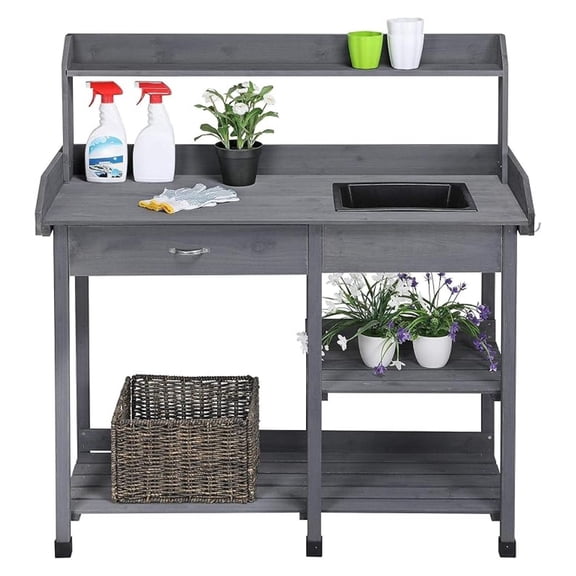 45.2x17.7x47.6'' (LxWxH) Potting Benches Outdoor Garden Potting Table Work with Removable Sink Drawer Rack Shelves Work Station, Gray