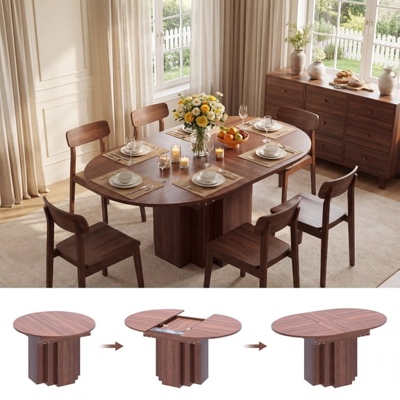 45.3"-61" Modern Extendable Dining Table with Built-In Extension Leaf, Round-to-Oval Top and Pedestal Base for 4-6 People, Walnut