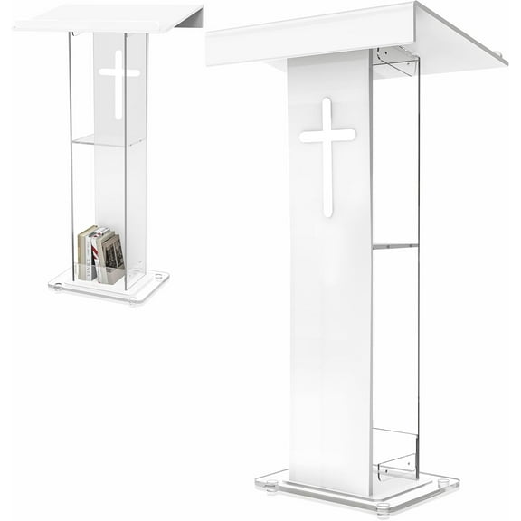 45.3 Acrylic Podium Lectern, Pulpit for Churches Stand with Double Shelves, Modern Plexiglass Pulpits Lectern with Cross Design for Classroom, Conference, Presentation,Wedding