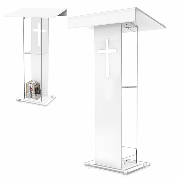 45.3" Acrylic Podium Lectern with Double Shelves, Plexiglass Clear, Cross Design, 45.3" Height, Easy Assembly, for Classroom, Conference, Wedding