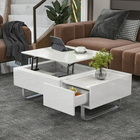 45.3"W Multi-functional Coffee Table, Contemporary Cocktail Table with Lifted Tabletop and Drawer, High-gloss Surface Dining Table with Metal Frame Legs for Living Room, White
