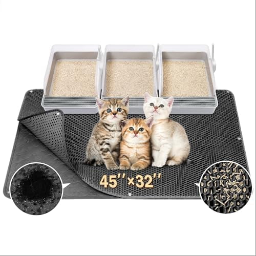 45"x32" Extra Large Cat Litter Mat, Honeycomb Double Layer Kitty Litter Trapping Mat, Urine Proof & Waterproof, Easy Clean, Machine Washable, Non-Slip, Scatter Control, Black