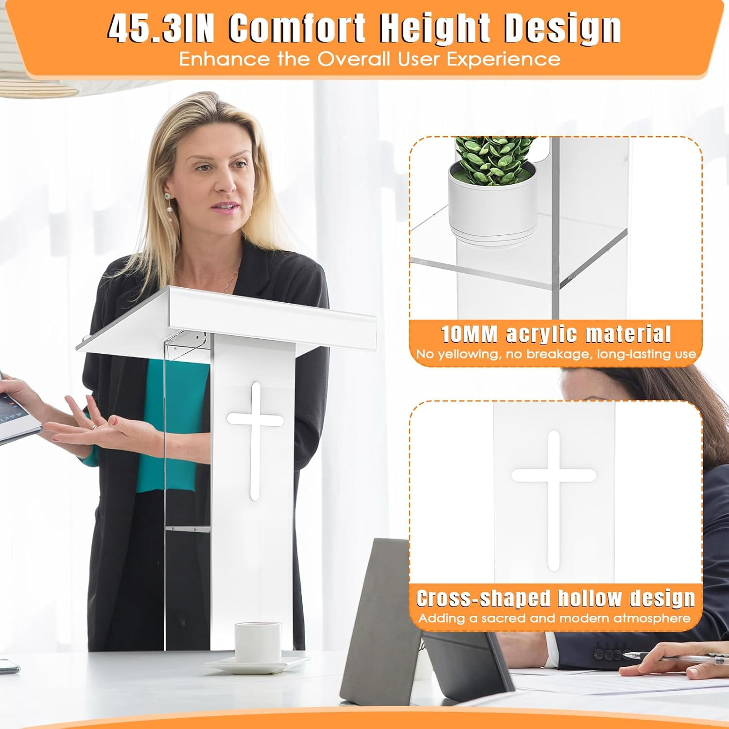 45.3IN Acrylic Podium Lectern, Pulpit for Churches with Double Shelves ...