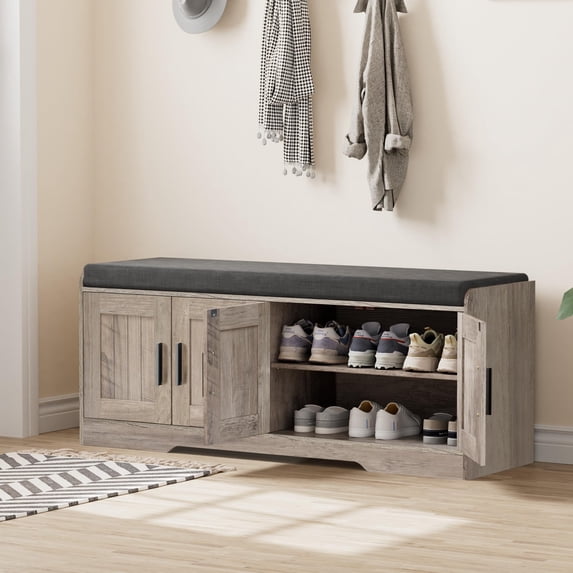 45'' 4-Door Shoe Storage Bench with Thick Padded Cushion & 2-Tier ...