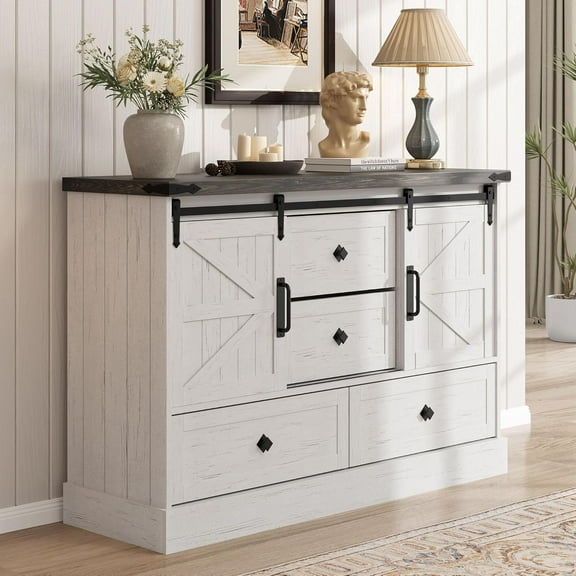 45" 4 Drawer Dresser for Bedroom,Wood Chests Organizer with Sliding Barn Door and Storage Shelves,Dressers & Chests of Drawers for Living Room