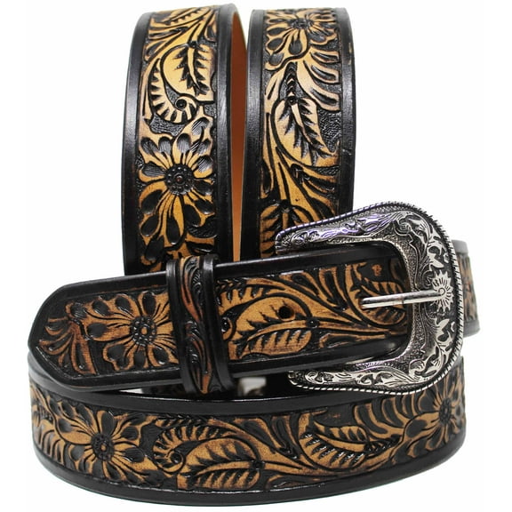 45-46  Men's 1-1/2" Wide Tan Leather Floral Tooled Casual Jean Belt 26FK19