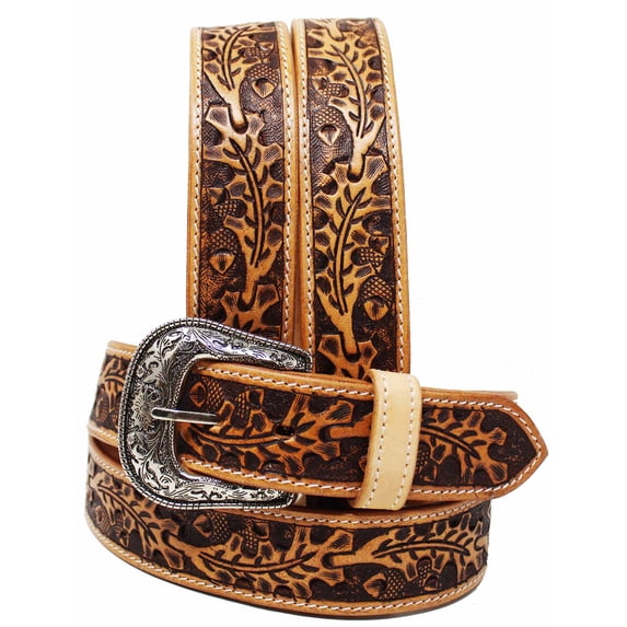 45-46 Unisex 1.5" Western Floral Tooled Beaded Full-Grain Leather Belt 26RT16B