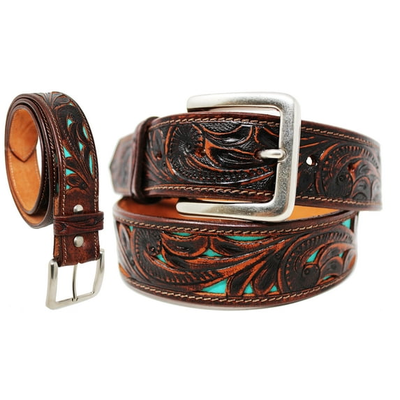 45-46 Western Heavy Duty Unisex Genuine Leather Floral Tooled Belt Teal Inlay 26JQ02