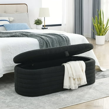 45.5" Home Teddy Storage Bench, Modern Entryway Upholstered Footstool with Wood Frame and Safety Hinge, End of Bed Ottoman, Side Table for Living Room, Bedroom, Entryway, Black
